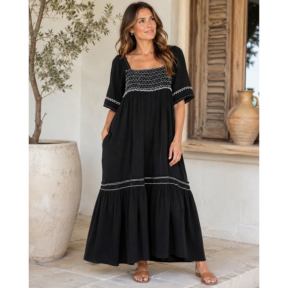 Free People Dresses & Skirts - Free People I'm The One Maxi Dress Black White Embroidered Gauze Cotton Tassel L